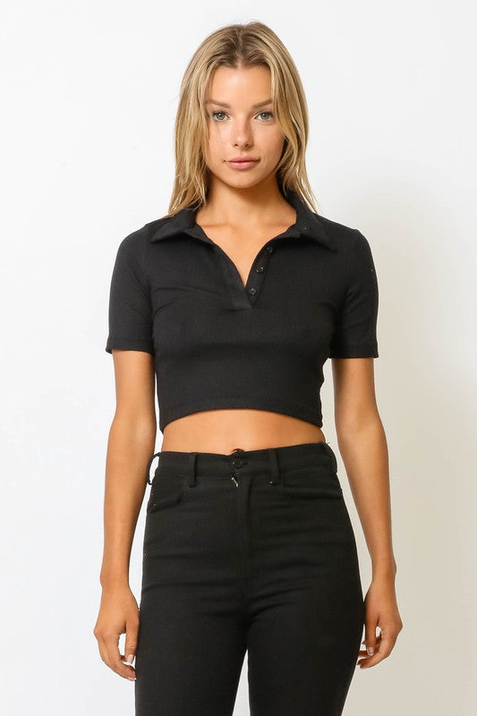 Womens Black Ribbed Collared Crop Top