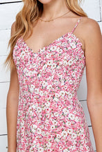Load image into Gallery viewer, womens pink Floral print woven mini dress with pleated front with non functional buttons 
