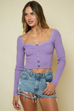 Load image into Gallery viewer, Womens Purple Heart Neckline Long Sleeve Button Detail Sweater Crop Top
