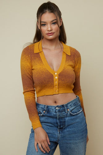 Womens Ombre' Brown Long Sleeve Collared Sweater Crop Top