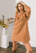 Load image into Gallery viewer, Womens tan woven lace mini dress featuring round neckline, ruffle at front, peasant sleeve with cuff, relaxed body with back button keyhole closure
