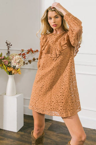 Womens tan woven lace mini dress featuring round neckline, ruffle at front, peasant sleeve with cuff, relaxed body with back button keyhole closure