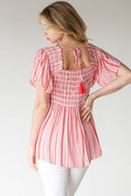 Load image into Gallery viewer, Womens Coral Striped Smocked Baby Doll Top
