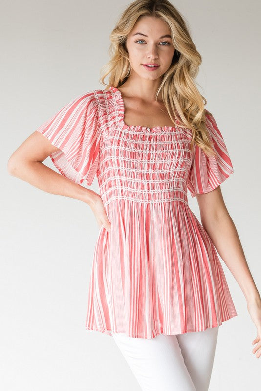 Womens Coral Striped Smocked Baby Doll Top