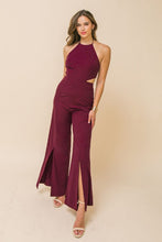 Load image into Gallery viewer, Womens Maroon Halter Neckline Side Cut Out Wide leg with front slit Jumpsuit
