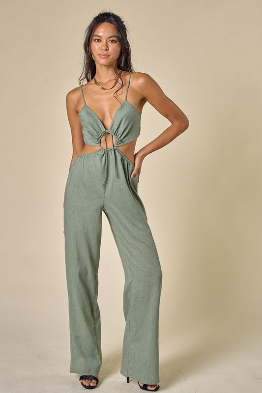 Womens Green Front Tunnel Tie Cut Out Sleeveless Jumpsuit