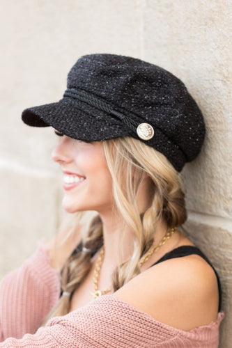 Womens Black Sparkle Coin Accent Newsboy Hat