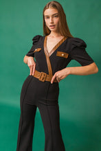 Load image into Gallery viewer, Gadot Black and Brown Faux Leather Flare Leg Jumpsuit

