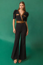 Load image into Gallery viewer, Gadot Black and Brown Faux Leather Flare Leg Jumpsuit
