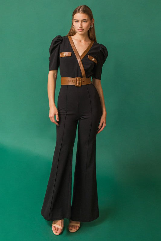 Gadot Black and Brown Faux Leather Flare Leg Jumpsuit