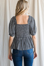 Load image into Gallery viewer, Womens Black Sweetheart Neck Gingham Check Ruched Baby Doll Top
