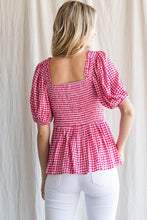 Load image into Gallery viewer, Womens Pink Square Neck Smocked Back Gingham Check Ruched Baby Doll Top
