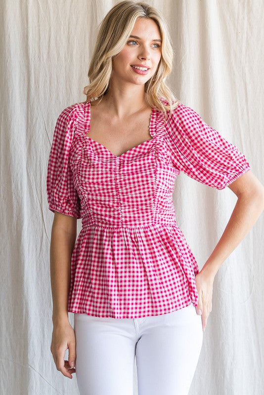 Womens Pink Gingham Check Ruched Baby Doll Top