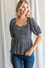 Load image into Gallery viewer, Womens Black Gingham Check Ruched Baby Doll Top
