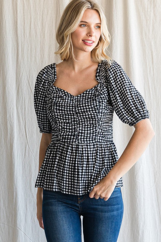 Womens Black Gingham Check Ruched Baby Doll Top