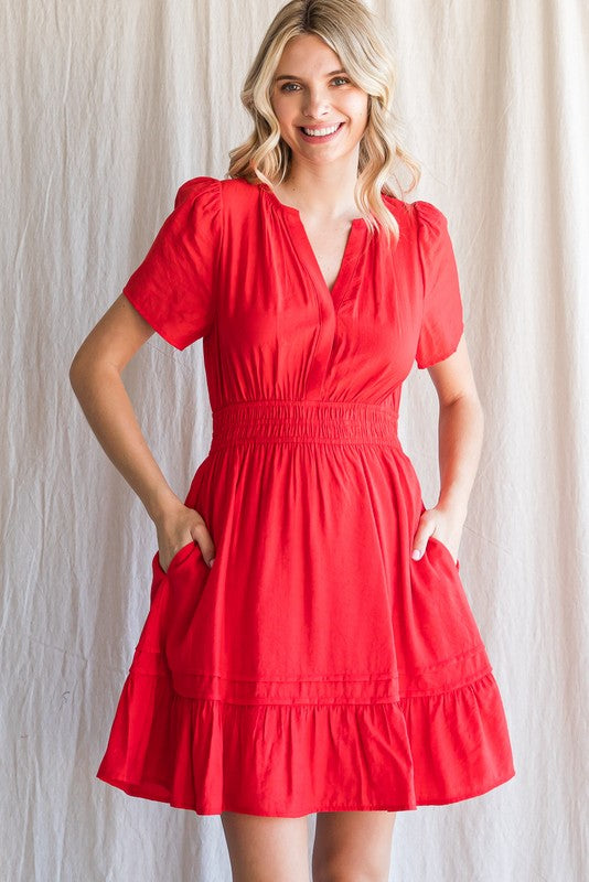 Womens Red Solid Side Pockets Stretch-Band Waist Dress
