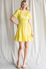 Load image into Gallery viewer, Womens Yellow Solid Sjort  Tucked Sleeve Stretch-Band Waist Dress
