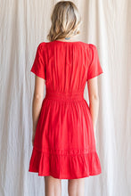 Load image into Gallery viewer, Womens Red Solid Short Tucked Sleeve Stretch-Band Waist Dress
