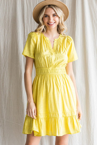 Womens Yellow Solid Stretch-Band Waist Dress