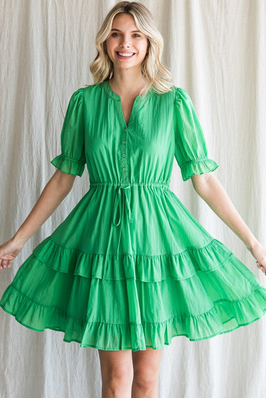 Womens Green Solid Waist Drawstring Waist Band Dress