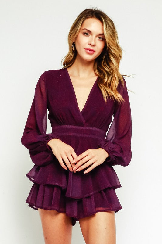 Womens Plum Sheer Long Sleeve Deep V-Neck Romper