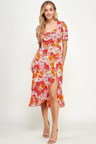 Womens Orange Side Slit Midi Dress