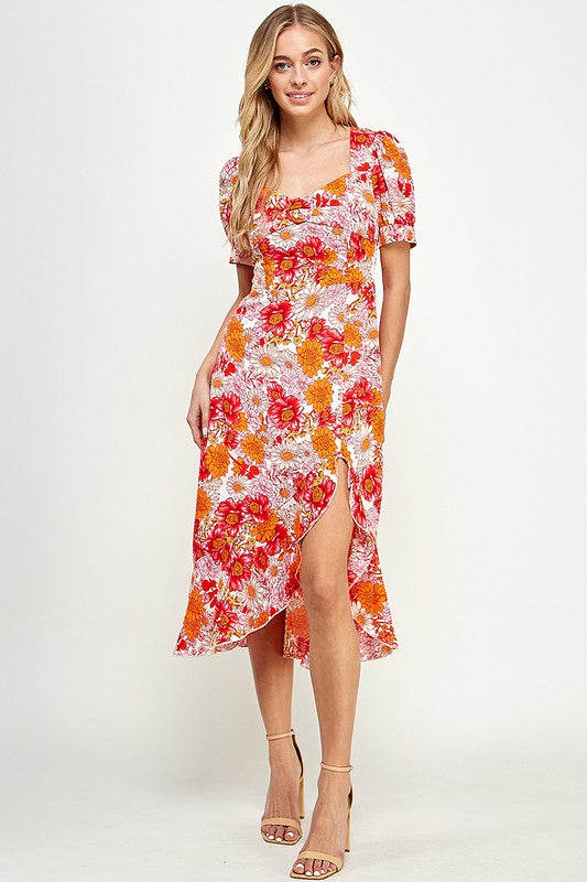 Womens Orange Side Slit Midi Dress