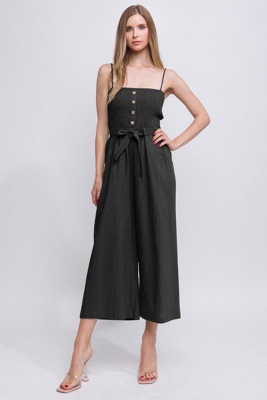 Womens Black Linen Smocked Top and Wide Cropped Leg Jumpsuit