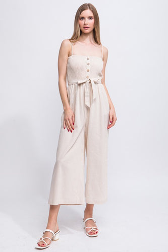 Womens Natural Linen Smocked Top and Wide Cropped Leg Jumpsuit