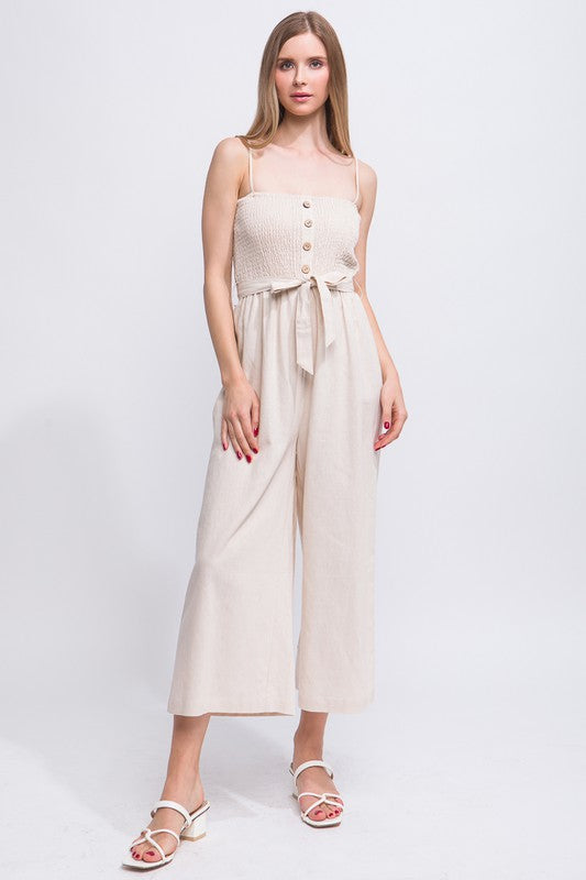 Womens Natural Linen Smocked Top and Wide Cropped Leg Jumpsuit