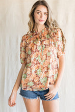 Load image into Gallery viewer, Womens Toffee Floral Self-Tie Closure Neck Top
