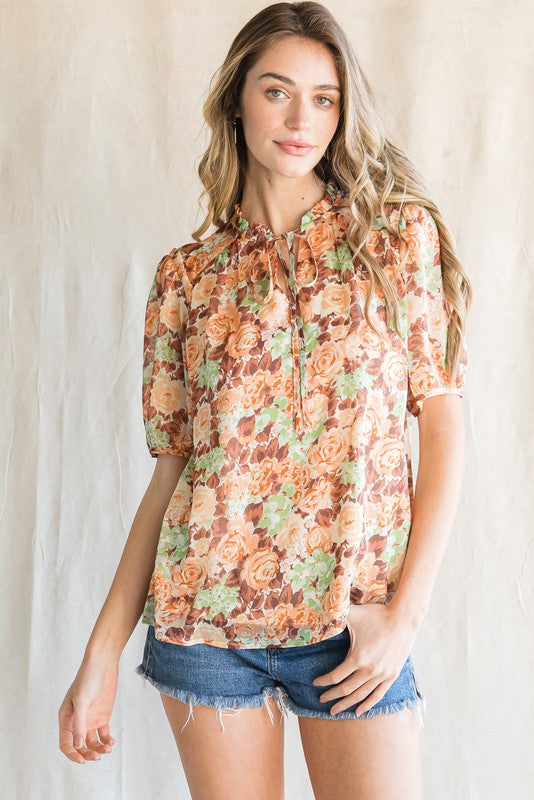 Womens Toffee Floral Self-Tie Closure Neck Top