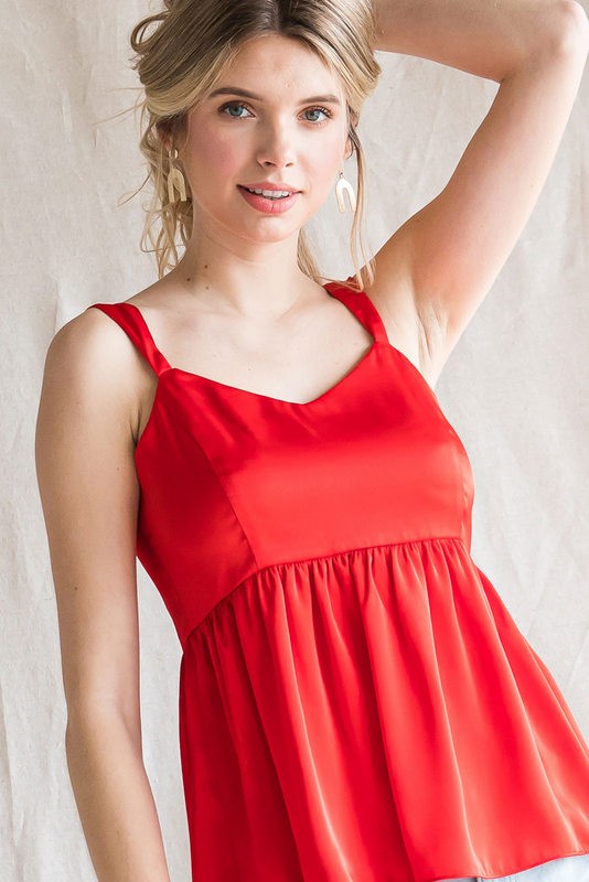 Womens Red Solid Satin Straps Baby Doll Cami Top