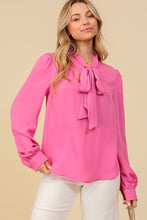 Load image into Gallery viewer, Lindy Fuchsia Tie-Neck Long Sleeve Blouse
