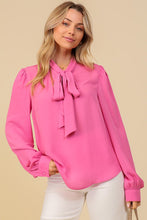 Load image into Gallery viewer, Lindy Fuchsia Tie-Neck Long Sleeve Blouse
