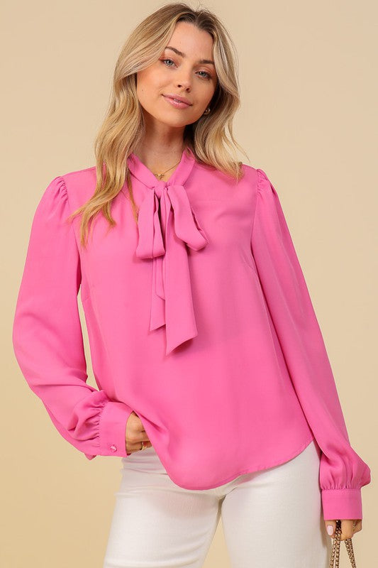 Lindy Fuchsia Tie-Neck Long Sleeve Blouse