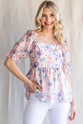 Womens Lavender Floral Chiffon Baby Doll Top