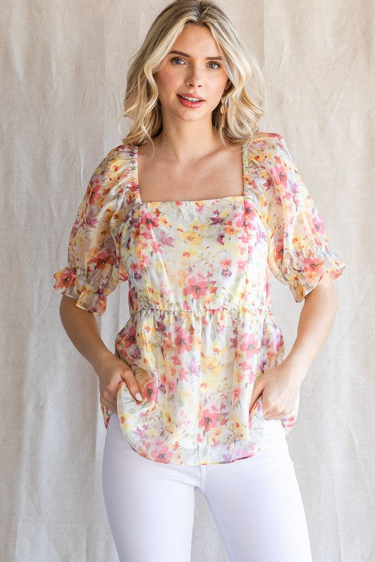 Womens Pink Floral Chiffon Baby Doll Top