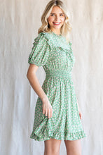 Load image into Gallery viewer, Womens Green Short Bubbled Sleeve Floral Point Frilled Baby Doll Dress
