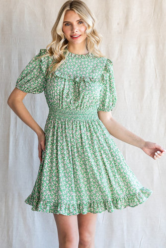 Womens Green Floral Point Frilled Baby Doll Dress