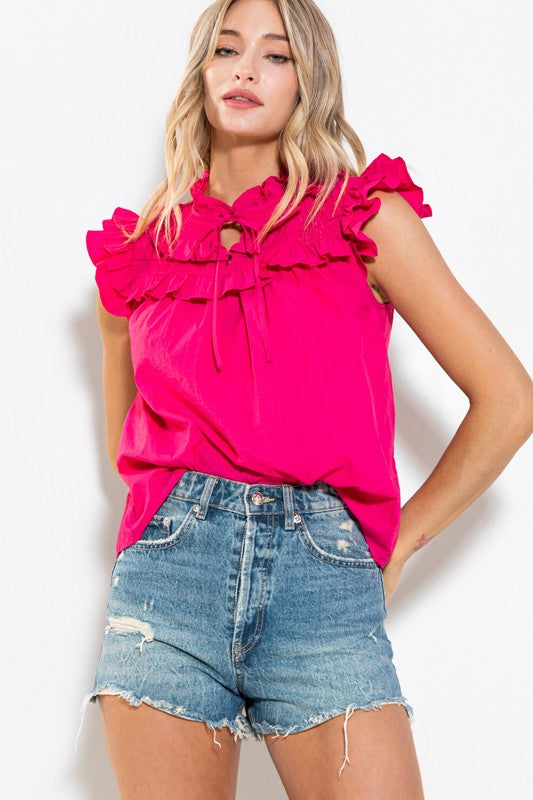Womens Fuchsia Ruffle Self Tie Neck Top 
