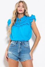 Load image into Gallery viewer, Womens Turquoise Ruffle Self Tie Neck Top
