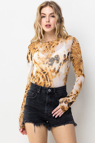 Womens Long Sleeve Animal Print Sheer Bodysuit