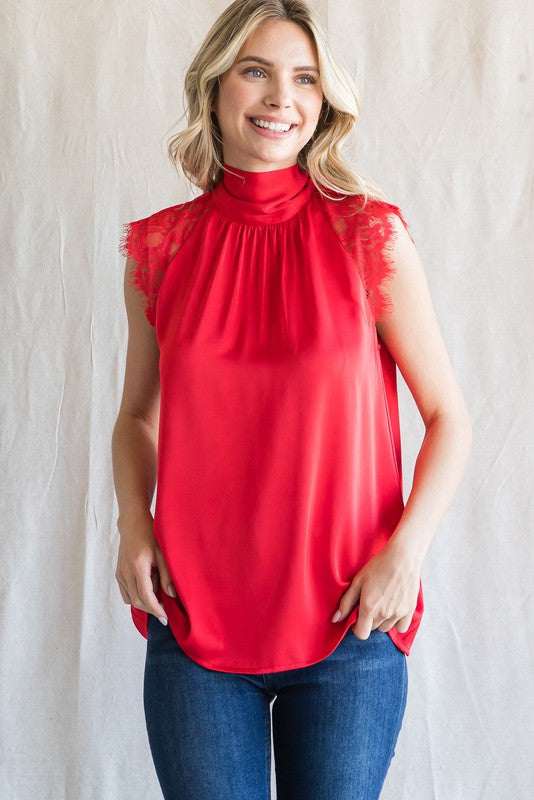 Womens Red Solid Satin Mock Neck Ribbon Top