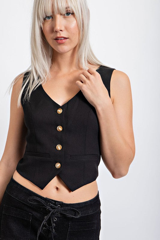 Womens Black Fitted Button Down Vest