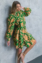 Load image into Gallery viewer, Bruna Green Tie-Neck Long Sleeve Layered Skirt Dress
