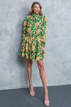 Load image into Gallery viewer, Bruna Green Tie-Neck Long Sleeve Layered Skirt Dress
