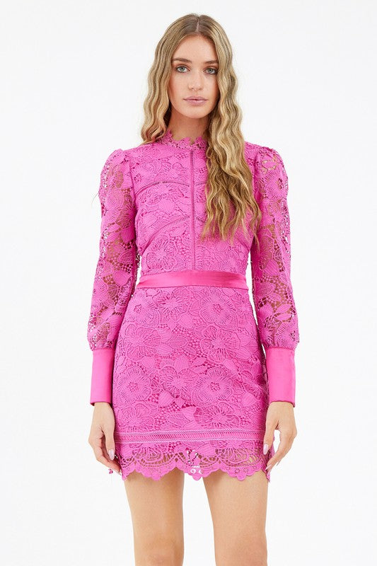 Womens Sweet Pink Premium Lace Detail Wide Cuff Dress