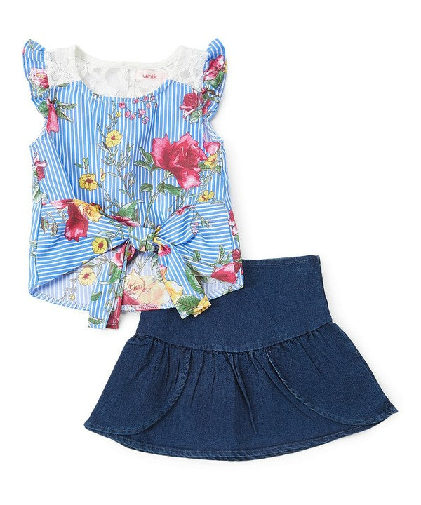 Girls Floral Tie-Front Top and Blue Denim Skirt