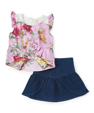 Load image into Gallery viewer, Girls Floral Tie-Front Top and Blue Denim Skirt
